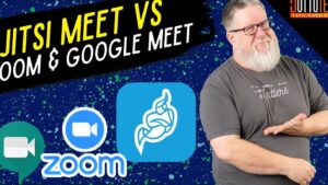 Miniatura con fondo azul salpicado que muestra en grande el texto JITSI MEET VS y parte de ZOOM & GOOGLE MEET, los logotipos de Google Meet, Zoom y Jitsi agrupados en la parte inferior izquierda y un hombre de barba y gafas a la derecha señalando hacia ellos, diseñada como imagen promocional y comparativa que destaca Jitsi Meet características ventajas y desventajas para elegir bien
