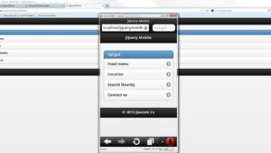 Captura de pantalla de un navegador de escritorio que muestra un emulador móvil centrado con la interfaz de jQuery Mobile, encabezado con campo de búsqueda, un panel de opciones con elementos en lista y una barra de navegación inferior, Ventajas y desventajas de jQuery Mobile: ¿vale la pena usarlo?
