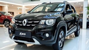 Renault Kwid 2025 de color negro brillante en exhibición en un concesionario, vista frontal lateral que muestra la parrilla con el emblema Renault, los faros y antiniebla, las protecciones plásticas en pasos de rueda, las molduras laterales y las llantas de aleación con reflejos en la carrocería; Ventajas y desventajas del Kwid 2025: ¿vale la pena comprarlo?
