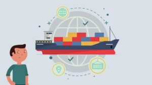 Ilustración vectorial de un barco portacontenedores con contenedores de colores frente a un globo mundial y iconos de ubicación y logística junto a una persona observando, que representa Ventajas y desventajas de exportar para un país y su impacto en el comercio internacional, la economía y la gestión logística portuaria.
