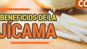 Tiras de jícama fresca sobre una tabla de cortar con una jícama entera desenfocada al fondo y un titular grande en naranja y amarillo que resalta los beneficios del tubérculo, ideal para ilustrar Ventajas y desventajas de la jicama: secretos y beneficios clave