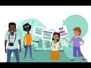 Ilustración de una manifestación urbana con cuatro personas de distintos tonos de piel y género, una con cámara y otras sosteniendo pancartas que leen "DERECHOS PARA TODES" y "NO MÁS VIOLENCIA" en apoyo a los derechos humanos y la diversidad — Ventajas y desventajas de la OEA: descubre si realmente vale la pena.