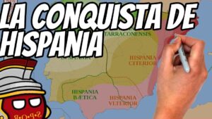 Ilustración de la conquista de Hispania que muestra un mapa de la península con provincias romanas coloreadas (Hispania Tarraconensis, Baética, Citerior y Ulterior), un personaje con casco romano en estilo cómic y una mano que dibuja rutas con un marcador, ideal para acompañar Ventajas y desventajas de la romanización en la historia.