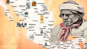 Mapa estilizado de México que muestra nombres de pueblos y naciones indígenas con pequeñas fotografías y grabados históricos sobre fondo pergamino y una gran ilustración lateral de un hombre indígena con paliacate blanco y pañuelo rojo, pensado como recurso accesible y optimizado para explicar Ventajas y desventajas de hablar una lengua indígena real