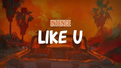 Banner con estética retro en tonos naranja y rojo que muestra un descapotable visto desde la parte trasera con dos siluetas, palmeras y un atardecer, el texto grande 'LIKE U' y el rótulo 'INTENCE', ideal para artículos comparativos como Ventajas y desventajas tarjeta Like U: descubre si realmente conviene.