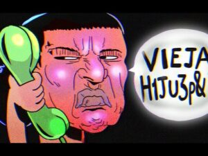 Ilustración tipo caricatura de alto contraste y colores neón que muestra un primer plano de una persona con expresión enfadada sujetando un auricular telefónico verde retro frente a una burbuja de diálogo con texto agresivo, diseñada para captar atención en miniaturas y mejorar accesibilidad y SEO en contenidos financieros, incluyendo la pregunta clave Ventajas y desventajas de los cds: ¿es esta inversión para ti?