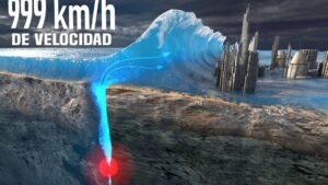 Ilustración en corte transversal que muestra una ola gigante de tsunami elevándose hacia una ciudad costera de rascacielos futuristas mientras en el subsuelo marino un punto rojo marca el origen sísmico y corrientes ascendentes arrastran agua y sedimentos, destacando riesgos de inundación, daño urbano y procesos geológicos, Ventajas y desventajas de los tsunamis: impacto natural que sorprende.