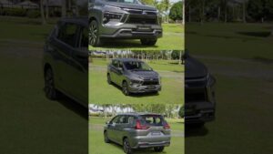 Collage que muestra el exterior de un Mitsubishi Xpander gris estacionado sobre césped con palmeras al fondo, primer plano frontal que resalta la parrilla y los faros LED, vista tres cuartos frontal que destaca las líneas de carrocería y las llantas de aleación y vista trasera que muestra el portón y las luces traseras, Ventajas y desventajas de Mitsubishi Xpander: ¿vale la pena?
