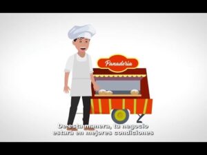 Un panadero sonriente con gorro y delantal junto a un carrito de venta rotulado "Panadería" y panes visibles, ilustración clara y accesible que presenta el tema Ventajas y desventajas del MYPE tributario para tu negocio.