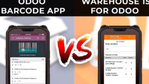 Imagen comparativa dividida que muestra dos dispositivos móviles resistentes con interfaces de Odoo para gestión de inventario — a la izquierda una pantalla titulada "Inventory Inventory" con lector de código de barras y lista de ubicaciones, a la derecha una pantalla "Pick & Ship" con campo de escaneo y lista de productos, un gran "VS" rojo en el centro y encabezados superiores que dicen "ODOO BARCODE APP" y "WAREHOUSE 15 FOR ODOO", Ventajas y desventajas de Odoo Inventory para tu empresa