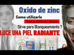 Promocional visual que muestra varios envases y frascos de óxido de zinc, dos rostros femeninos (uno con mascarilla facial) y titulares que prometen lucir una piel radiante y preguntan sobre blanqueamiento, e incluye la frase Óxido de zinc ventajas y desventajas: beneficios y riesgos clave para orientar sobre cómo utilizar el producto y sus posibles efectos estéticos