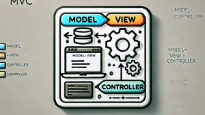 Infografía accesible y optimizada para SEO que representa el patrón MVC con un recuadro que muestra los bloques etiquetados Model, View y Controller conectados por flechas y símbolos de base de datos, engranajes y un portátil para ilustrar arquitectura, flujo de datos y desarrollo web, Ventajas y desventajas del patrón MVC para tu proyecto