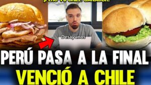 Miniatura de video con fondo oscuro y texto grande en blanco y amarillo que muestra a la izquierda un sándwich con carne y cebolla, en el centro un hombre sorprendido con la palabra "Desayunos" y el titular "PERÚ PASA A LA FINAL Venció a CHILE", y a la derecha un pan con palta y tomate, Tlc Perú Chile ventajas y desventajas: conoce el impacto real