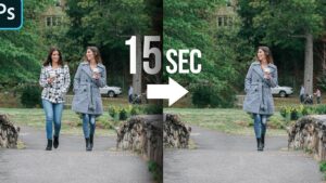 Imagen dividida de antes y después en un parque que muestra a la izquierda dos mujeres caminando con café y a la derecha la misma escena editada para eliminar a una persona, con el texto grande '15 SEC', una flecha y el icono de Photoshop indicando rapidez del retoque, invitando a considerar Adobe Photoshop CC ventajas y desventajas: ¿vale la pena usarlo?