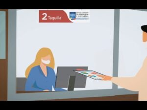 Ilustración de una ventanilla de atención donde una trabajadora con mascarilla detrás de un mostrador y ordenador recibe documentos en mano de un cliente, perfecta para ilustrar contenidos sobre trámites, atención al cliente y Pymes en Venezuela ventajas y desventajas: claves para triunfar