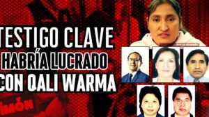 Imagen con fondo rojo y negro que muestra en letras blancas y grandes un titular acusador sobre supuestas ganancias en el programa, acompañada de un collage de retratos tipo carnet y un retrato mayor de una mujer con expresión seria que sugiere investigación mediática, Ventajas y desventajas de Qali Warma: impacto en alimentación escolar