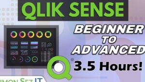 Miniatura promocional de curso de Qlik Sense con título grande en verde y negro, subtítulo en mayúsculas "BEGINNER TO ADVANCED", una captura de panel oscuro con gráficos circulares, de barras y mapas coloridos, logotipo verde de Qlik y texto que anuncia 3.5 horas de contenido para formación en BI, Ventajas y desventajas de Qlik Sense: ¿es la herramienta BI ideal?