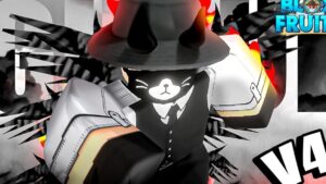 Avatar de Roblox en primer plano con máscara blanca estilo gato, sombrero con cuernos, hombreras plateadas, alas negras y efectos de fuego sobre un fondo dinámico junto al logotipo del juego, imagen promocional pensada para ilustrar Ventajas y desventajas de la raza Ghoul en Blox Fruits para PvP