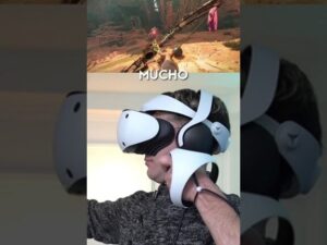 Composición dividida que muestra en la parte superior una escena inmersiva de videojuego con un arco y paisaje virtual y en la inferior una persona ajustando un visor blanco de realidad virtual y auriculares, ilustrando el análisis SEO y accesible titulado Ventajas y desventajas de la rv y ra: qué tecnología elegir para ayudar a usuarios a comparar ergonomía, inmersión y aplicaciones prácticas.