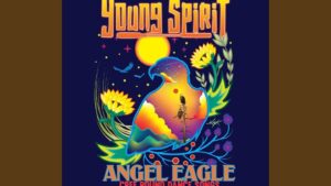 Ilustración tipo cartel en colores vibrantes que muestra la silueta de un águila rellena con un paisaje al atardecer —sol amarillo, montañas y aves en vuelo— rodeada de flores y hojas decorativas, con la tipografía destacada "Young Spirit" arriba y "Angel Eagle" abajo, alto contraste y formas limpias para accesibilidad visual y optimización SEO, Ventajas y desventajas de la red WMAN: descubre su impacto real