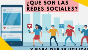 Ilustración vectorial que muestra un gran teléfono con un feed a la izquierda y cuatro personas caminando por la ciudad sosteniendo sus móviles con iconos de corazón y burbuja de mensaje, junto al titular "¿Qué son las redes sociales?", Ventajas y desventajas las redes sociales: conoce su impacto real, enfocada en la interacción, el alcance y el uso de plataformas sociales.