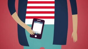 Ilustración estilizada de un torso vestido con chaqueta azul, camiseta de rayas rojas y blancas y pantalón turquesa sosteniendo un teléfono móvil que muestra la interfaz de Instagram sobre un fondo rosa, perfecta como imagen principal para un artículo titulado Qué es Google+ ventajas y desventajas para saber si vale la pena