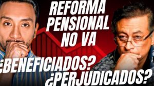 Dos hombres pensativos en primer plano, un adulto mayor y un joven sin identificar, sobre un fondo rojo con una gráfica descendente y grandes letras que dicen REFORMA PENSIONAL NO VA y preguntas sobre beneficiados o perjudicados; ilustración informativa sobre Reforma pensional 2024 ventajas y desventajas: lo que debes saber hoy