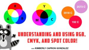 Imagen educativa que muestra diagramas superpuestos de los modelos de color RGB (círculos R, G, B) y CMYK (círculos C, M, Y), varias muestras de color plano, un texto en inglés sobre uso de colores y una mascota mapache, Ventajas y desventajas de RGB y CMYK: descubre cuál es mejor para ti