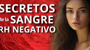 Primer plano dividido: a la izquierda un fondo rojo con textura sanguínea y texto grande que anuncia secretos sobre la sangre y a la derecha el rostro sereno de una joven de cabello largo y ojos claros, Rh a negativo ventajas y desventajas: lo que debes saber