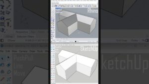 Imagen comparativa en vertical que muestra en la mitad superior la interfaz de Rhino con un modelo extruido de formas angulares y superficies sombreadas y barra de herramientas a la izquierda y en la mitad inferior la interfaz de SketchUp con el mismo modelo en caras blancas y aristas definidas junto a iconos y comandos como PushPull, Line y Move para evaluar resultados y flujo de trabajo, Ventajas y desventajas de Rhino 3d: ¿es el software ideal para ti?