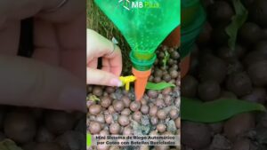 Una mano con anillo ajusta una pequeña llave amarilla en un sistema de riego por goteo casero hecho con una botella plástica reciclada invertida en una estaca naranja sobre bolitas de arcilla expandida y hojas verdes, Ventajas y desventajas riego por goteo: ¿ideal para tu cultivo?