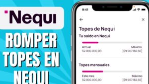 Imagen promocional de Nequi con logo y un gran texto blanco sobre fondo azul que dice ROMPER TOPES EN NEQUI junto a la pantalla de un teléfono que muestra la sección Topes de Nequi con barras de progreso que representan el saldo actual y el límite mensual, Romper topes Nequi ventajas y desventajas que debes conocer