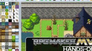 Captura de la interfaz de creación de mapas de RPG Maker MV que muestra la paleta de tiles a la izquierda, un área de mapa con pradera, árboles, caminos de piedra y una casa con techo azul con un personaje en el tejado, perfecta para ilustrar Ventajas y desventajas de RPG Maker para tu juego.