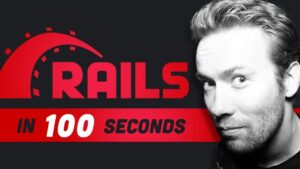 Miniatura en alto contraste con fondo negro y elementos rojos que muestra a la izquierda un logotipo estilizado de vía férrea y la palabra RAILS en rojo sobre una banda que indica duración en inglés y a la derecha un retrato en blanco y negro de un hombre mirando al espectador, acompañada de la frase Ruby on rails ventajas y desventajas: ¿es el mejor framework para ti? como título informativo para desarrolladores.