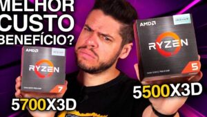 Hombre con gesto escéptico sostiene dos cajas de procesadores Ryzen, una de la serie 7 y otra de la serie 5, sobre un fondo púrpura con texto que cuestiona el mejor costo-beneficio, Amd Ryzen 7 ventajas y desventajas: ¿vale la pena su rendimiento?