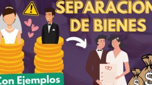 Imagen ilustrativa en estilo cartoon que representa a una pareja de novios con símbolos de dinero —pilas de monedas, sacos con signo monetario— un contrato nupcial, un triángulo de advertencia y corazones, diseñada como apoyo visual para el contenido sobre Ventajas y desventajas separación de bienes: ¿es la mejor opción?
