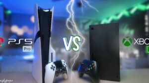 Comparativa visual que muestra una consola PlayStation 5 Pro blanca con su mando DualSense a la izquierda y una Xbox Series X negra con su mando a la derecha, separadas por un rayo y un gran VS central sobre un fondo borroso con los logotipos de ambas marcas, optimizada para búsquedas sobre Xbox Series X ventajas y desventajas para decidir tu compra