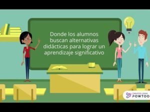 Ilustración de aula con tablero verde que muestra el texto 'Donde los alumnos buscan alternativas didácticas para lograr un aprendizaje significativo', tres estudiantes animados interactuando frente a un escritorio con libro abierto y taza, una bombilla que simboliza ideas y una estantería con libros, presentada como descripción accesible y optimizada para SEO: Sistema modular UAM ventajas y desventajas: impacto en tu educación.