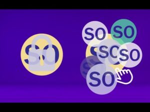 Ilustración sobre fondo púrpura que muestra a la izquierda un icono circular amarillo con las letras SO cubierto por un candado semitransparente y a la derecha múltiples círculos solapados con las mismas letras y un cursor de mano señalando, destacando contraste entre bloqueo y selección — Sistema operativo Tizen ventajas y desventajas que debes conocer