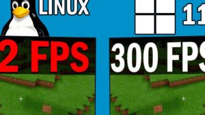 Comparativa visual en fondo azul que muestra a la izquierda el pingüino de Linux y la palabra LINUX sobre un escenario de Minecraft con un gran rótulo rojo indicando 2 FPS y a la derecha el logotipo de Windows sobre el mismo escenario con un rótulo blanco indicando 300 FPS, diseñada para enfatizar diferencias de rendimiento y gaming e incluye la frase Sistema operativo webOS ventajas y desventajas: ¿vale la pena? como elemento SEO.