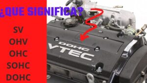 Imagen de un motor Honda con la tapa negra marcada DOHC VTEC señalada por una flecha roja y una banda lateral roja con el texto en mayúsculas “¿QUE SIGNIFICA?” en morado y una lista vertical de siglas SV, OHV, OHC, SOHC y DOHC, Sistema de distribución SV ventajas y desventajas clave.