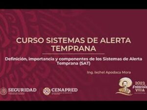 Banner en fondo granate que anuncia un curso sobre sistemas de alerta temprana, con subtítulo sobre definición, importancia y componentes de los sistemas de alerta, logos institucionales y la mención Ventajas y desventajas de un tsunami: impacto natural y alerta para destacar contenidos sobre riesgos, prevención y comunicación de emergencias.