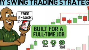 Imagen promocional de swing trading con un personaje caricaturesco que sostiene un teléfono mostrando un e‑book gratuito, un recuadro verde con el texto en inglés BUILT FOR A FULL-TIME JOB, un gráfico de velas japonesas y tres iconos de escaneo, alarma y alejarse, optimizada para SEO y accesibilidad, Ventajas y desventajas del swing trading: descubre si es para ti
