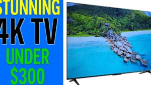 Imagen publicitaria que muestra a la izquierda un fondo azul con letras grandes en amarillo, negro y verde anunciando un televisor 4K económico y a la derecha un televisor de pantalla amplia con base en V que muestra una escena de playa tropical en tonos turquesa, con la frase Tcl 50 Pro Nxtpaper 5G ventajas y desventajas para decidir incluida para mejorar SEO y accesibilidad web.