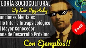 Banner educativo con fondo de madera oscuro y tipografías blancas y amarillas que muestra la leyenda "By Lev Vygotsky" junto a un retrato sepia con gafas pixeladas estilo meme, listas de conceptos como funciones mentales, inter e intrapsicológico, mayor conocedor y zona de desarrollo próximo, un sello rojo que dice "Fácil" y el llamado "Con Ejemplos" y Ventajas y desventajas de la teoría sociocultural de Vygotsky