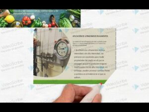 Folleto ilustrativo sobre la aplicación de ultrasonidos en alimentos que muestra una franja superior con verduras frescas, un recuadro con la fotografía de un manómetro y tuberías industriales junto a un bloque de texto explicativo y una mano sosteniendo un marcador que señala la página, Ultrasonido en alimentos ventajas y desventajas: impacto real.