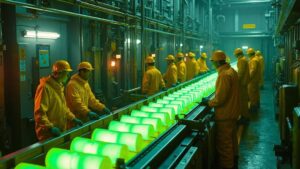 Interior de planta industrial con trabajadores en trajes y cascos amarillos que supervisan una cinta transportadora de cilindros verdes luminosos entre tuberías y paneles de control bajo luz verdosa, resaltando elementos de seguridad, manufactura y energía, Ventajas y desventajas del uranio 235: impacto y futuro energético