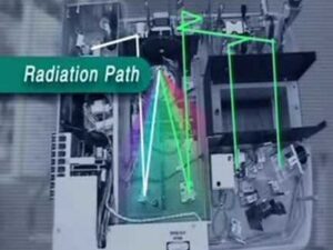 Vista cenital del interior de un equipo analítico abierto que muestra la trayectoria de la radiación destacada con flechas y líneas verdes y un rayo multicolor que atraviesa espejos y componentes ópticos, con la etiqueta superpuesta "Radiation Path", imagen útil para ilustrar Ventajas y desventajas de la espectroscopia UV visible clave