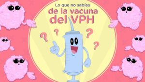 Ilustración informativa y colorida que muestra en el centro un personaje jeringa animado sonriente que señala, rodeado de signos de interrogación y de partículas rosas con ojos expresivos y el título superior "Lo que no sabías de la vacuna del VPH", diseñada para comunicar Ventajas y desventajas de la vacuna VPH: descubre si es para ti.