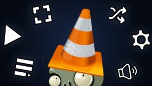Imagen ilustrativa de portada que muestra un clásico cono naranja de reproductor multimedia sobre la cabeza de un personaje caricaturesco tipo zombie, con iconos blancos de reproducción, lista, pantalla completa, aleatorio, volumen y ajustes sobre fondo oscuro, ideal para acompañar un artículo titulado 'VLC media player ventajas y desventajas: ¿vale la pena usarlo?